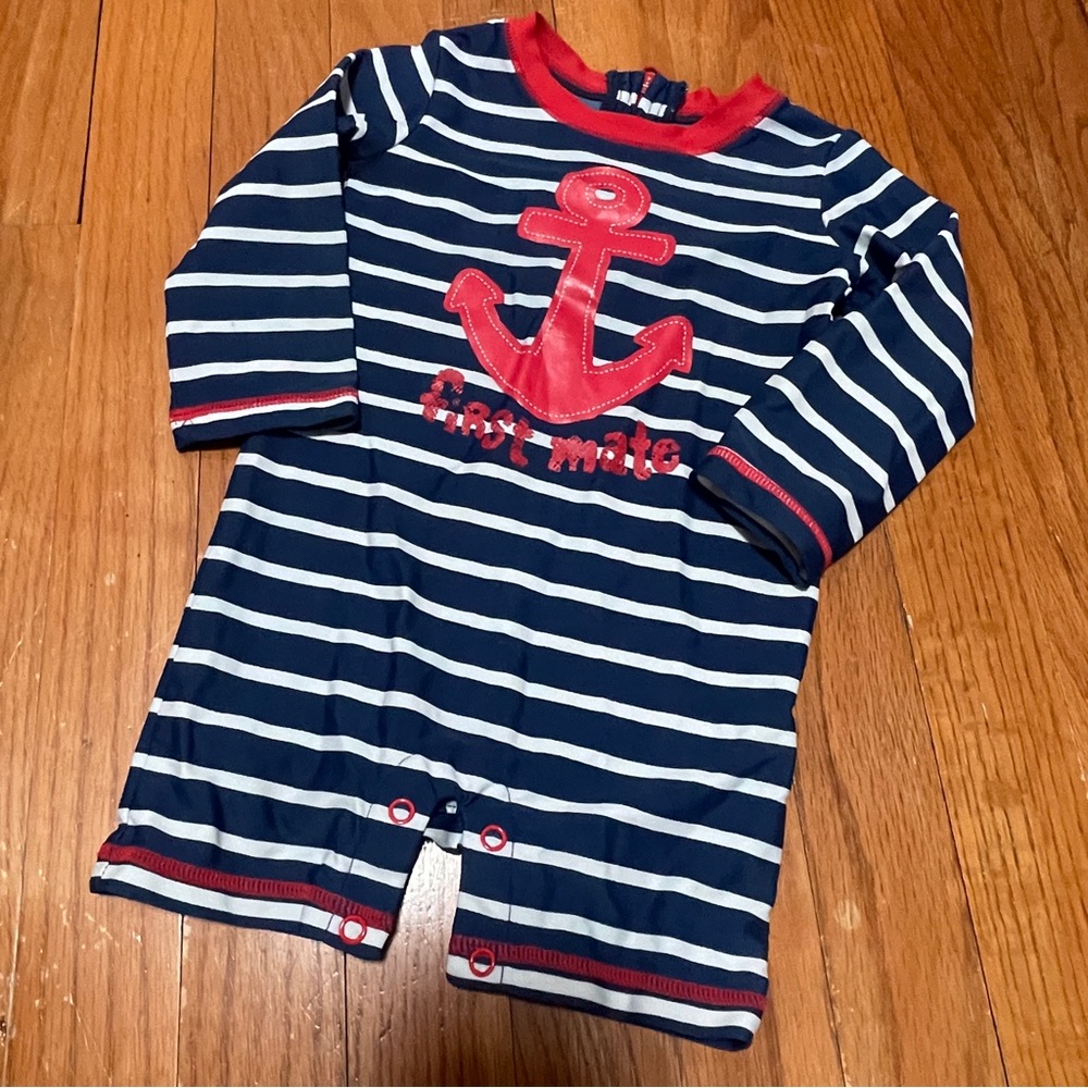 Hatley Rash Guard 9-12M Striped Nautical Anchor Swim Romper One Piece First Mate